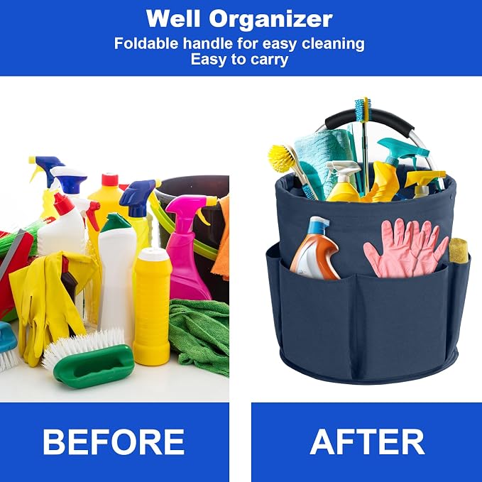 Cleaning Caddy with Handle, Cleaning Products Organiser, 17L Foldable Storage Basket, Cleaning Caddy Organiser, Portable Multi Cleaning Bucket Bag for Home, Garden (Dark Blue) - Image 2