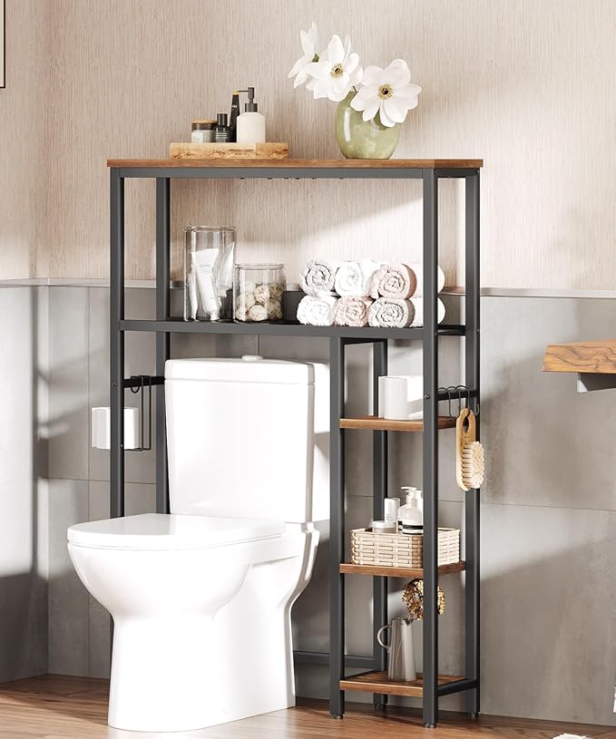 HOOBRO Over The Toilet Storage Cabinet, Freestanding Bathroom Organizer with Toilet Paper Holder, Hooks, 5-Tier Bathroom Storage Shelves for Laundry Room, Space Saver, Rustic Brown and Black BF84TS01 - Image 2