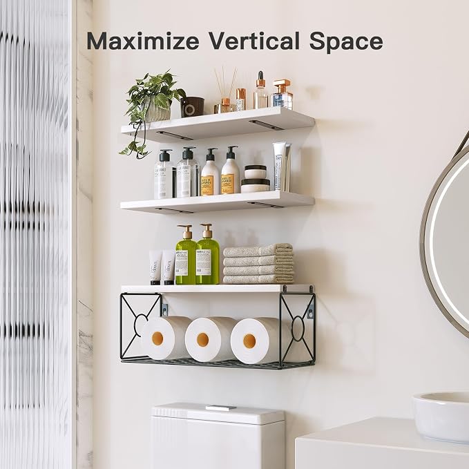 Amada Bathroom Shelves with Storage Basket, Set of 3, White - Image 3