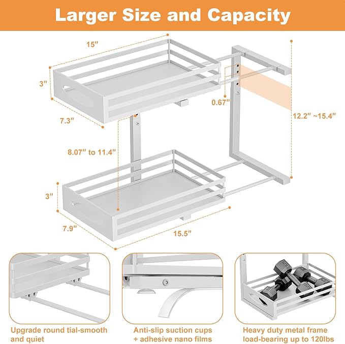 Under Sink Organizer, 2 Tier Under Sink Organizers and Storage, Adjustable Height, Slide out Metal Cabinet Organizers, Pull out Cabinet Storage Drawer Shelf for Kitchen Bathroom (White, 2 Pack) - Image 4
