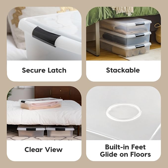 IRIS USA 3-Pack, 40 Qt. Under Bed Storage Bin with Lids, Black/Clear | Store seasonal clothing, shoes, blankets, linens and household essentials neatly under beds to maximize storage space - Image 5