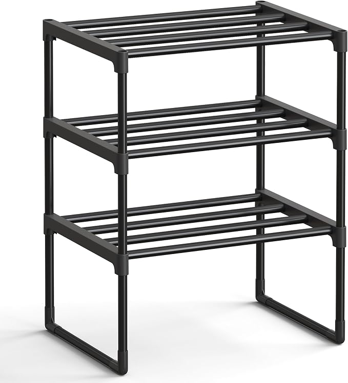 SONGMICS Shoe Rack, 3-Tier Shoe Organizer, Metal Storage Shelf | for Entryway, Upright or Upside Down, for 4-8 Pairs, Stackable, 11.8 x 16.7 x 21.5 Inches, Black ULSA003B01 by Unknown