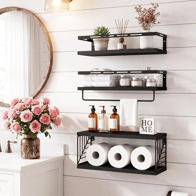 Fixwal Wall Mounted Bathroom Shelves Over Toilet (3+1 Black) - Image 2