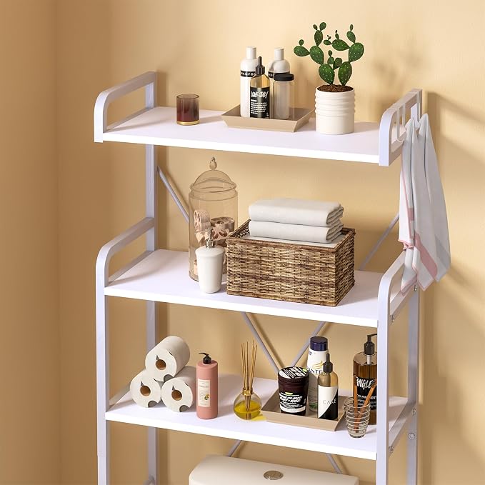 Huhote Over The Toilet Storage Rack with 3-Tier Bathroom Shelves, Space Saver Toilet Shelf, Bathroom Storage Organizer with Hooks for Over Toilet Storage and Shelf (White) - Image 5