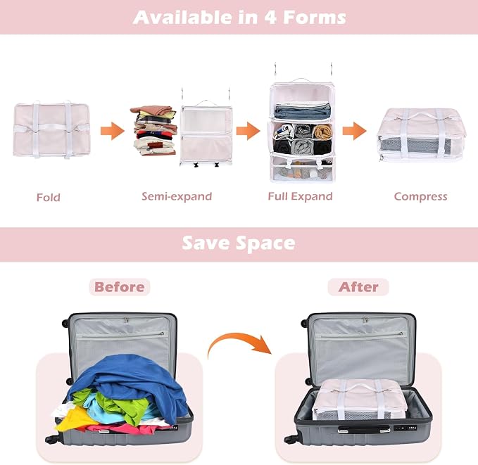 Surblue Hanging Shelves Travel Storage Bag Compression Packing Cube for Suitcase Portable Closet Organizer Collapsible with Extension Layer Large Capacity,Pink,XXL - Image 3