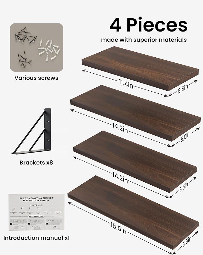 BAYKA Floating Shelves for Wall, Wood, Dark Brown, Set of 4, 16in - Image 8