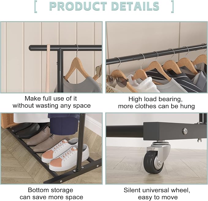 Sywhitta Double Rod Metal Clothing Garment Rack on Wheels, Black - Image 5