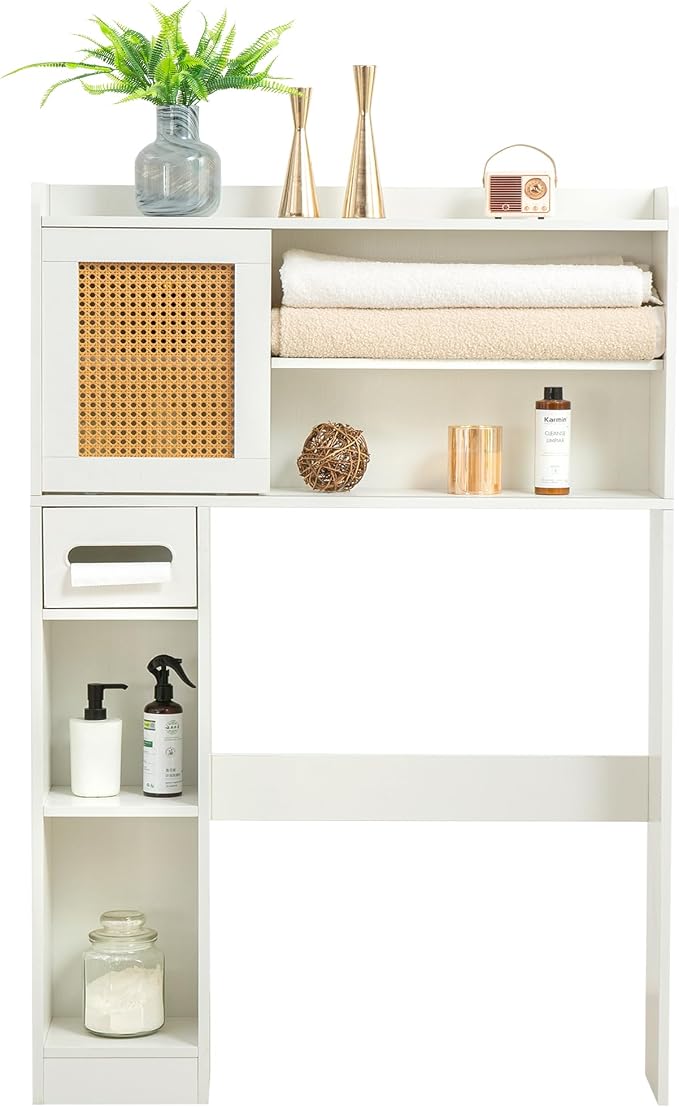 6Tier Over The Toilet Storage Cabinet, Freestanding Above Toilet Space Saver Rack w/Adjustable Shelves, Sliding Door, Multifunctional Over Toilet Organizer for Bathroom (White) - Image 7
