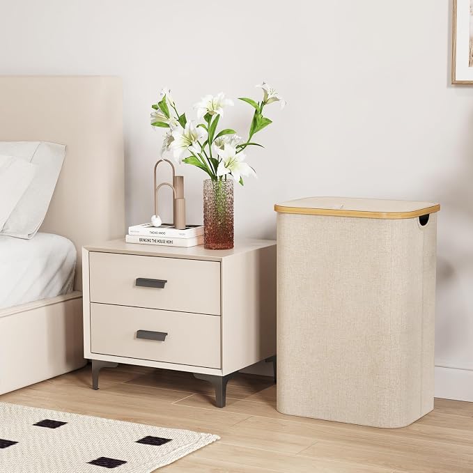 Lifewit 80L Large Laundry Basket with Lid, Removable Bags, Beige - Image 3
