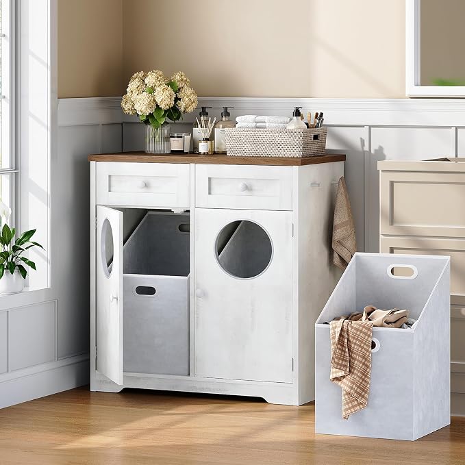 HOOBRO Double Laundry Hamper Cabinet, Hidden Laundry Cabinet with 2 Drawers & 2 Baskets, 20 Gallon Farmhouse Bathroom Laundry Hamper with 2 Clothes-Toss Holes, White and Dark Walnut WHZ36XY01 - Image 5
