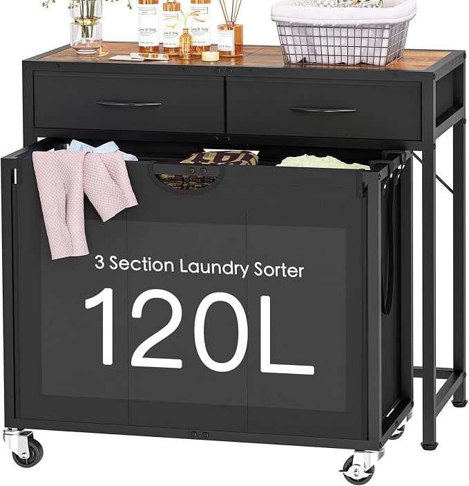 Laundry Sorter, Rolling Laundry Hamper with 3 Section Pull-Out Bags, Laundry Basket Organizer with 2 Drawers & 2-Tone Top Panel, Laundry Hamper with Wheels for Laundry Room Organization, Bathroom by Unknown