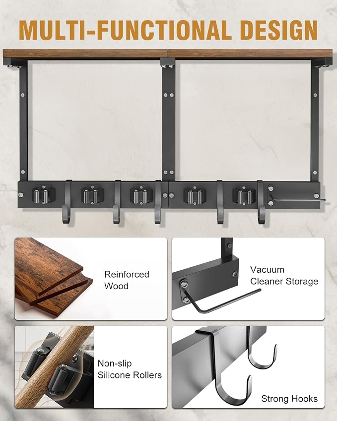 Large Broom Holder Wall Mount with Shelf, Vacuum Organizer, 5 Slots 5 Hooks - Image 8