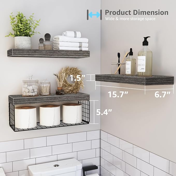 QEEIG Bathroom Shelves Over Toilet - Wall Mounted Floating Shelves Toilet Paper Storage Small Farmhouse Decor Shelf 16 inch Set of 3, Grey (019-GY3) - Image 3