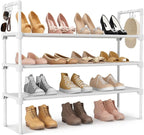 LANTEFUL 3 Tier Shoe Rack for Closet, Shoe Organizer with 5 Hooks, Long Shoe Shelf Storage for Shoe and Boot Stackable Free Standing Shoe Rack for Entryway, Garage, Small Spaces, Dorm, White by LANTEFULforTidyingHouse
