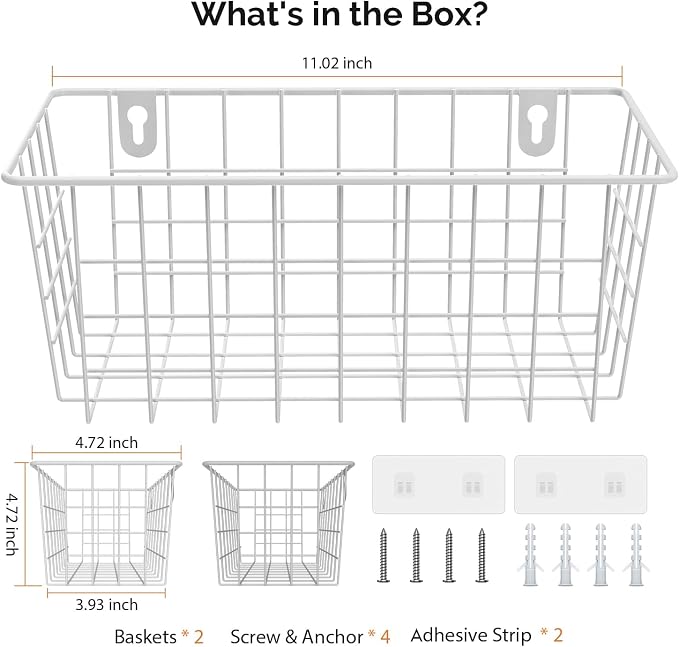 MaraFansie Hanging Wire Baskets Kitchen Storage Basket Adhesive and Screws Basket Over the Cabinet Door Organizer with Adhesive Strips and Screws Accessories, 2 Installations, 2 Pack, White - Image 7