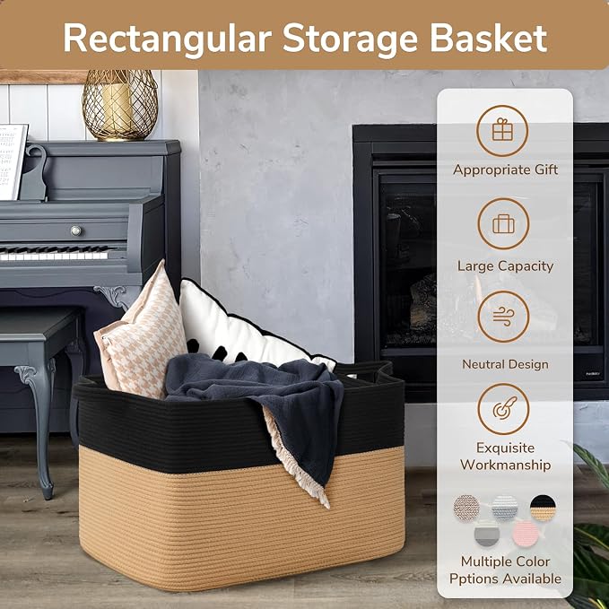 Goodpick 85L Large Woven Rope Blanket Basket, Rectangle, Black & Camel - Image 7