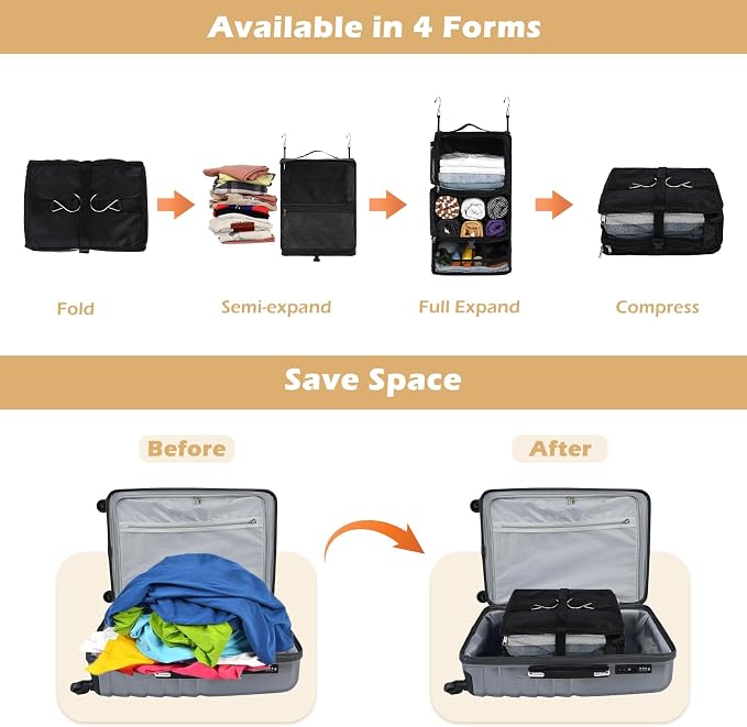 Surblue Hanging Shelves Travel Storage Bag Compression Packing Cube for Suitcase Collapsible with Extension Layer Large Capacity, Black,XL - Image 3