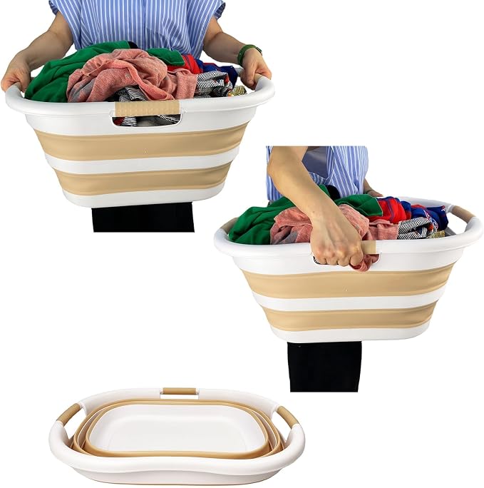 SAMMART 40L (10.5 gallon) Plastic Foldable Laundry Basket/Tub - Collapsible, Space Saving and Portable Laundry Hamper, Ideal for Home, Travel, Dorm, and Camping (1, White/Beige) - Image 7