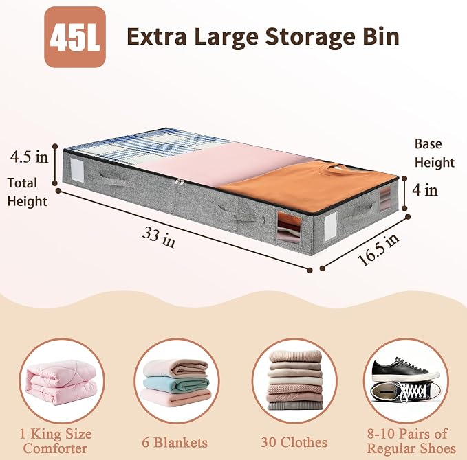 combocube 2 Pack Under Bed Storage Containers, 4.5" Low Profile Underbed Storage Bins with Sturdy Support, Stackable Space Saving Organizer with 4 Handles & Label Windows for Shoes Clothes Blankets - Image 4