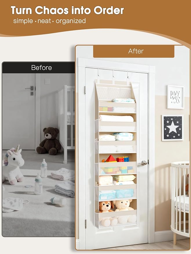 Criusia Over the Door Organizer, 6-Shelf Closet Hanging Storage with 13 Mesh Pockets, 55lbs Capacity Behind the Door Storage for Baby Nursery, Bathroom, Bedroom, and Dorm, Beige - Image 8