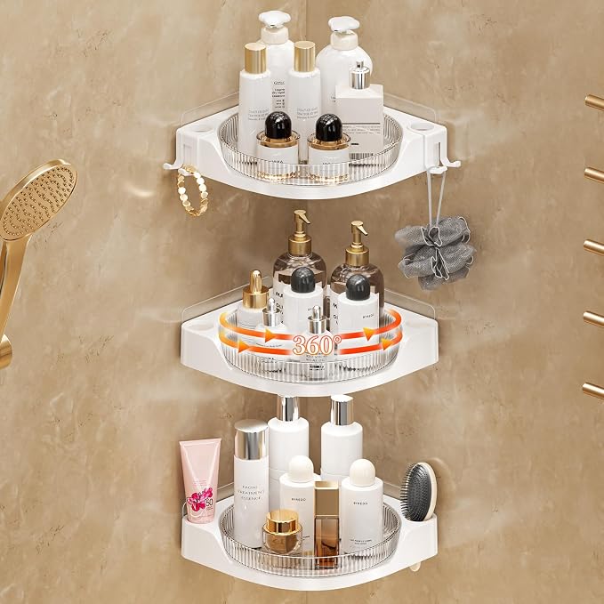 akinbas Corner Shower 3 Tier Caddy Lazy Susan Organizer 360 Rotating Corner Shelf Wall Mounted with No Drilling Shelves for Bathroom Dorm and Kitchen (White) by AKINBAS