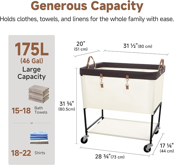 StorageWorks Laundry Cart, 2 Tier Rolling Basket with Wheels, 46 Gal, Beige - Image 3