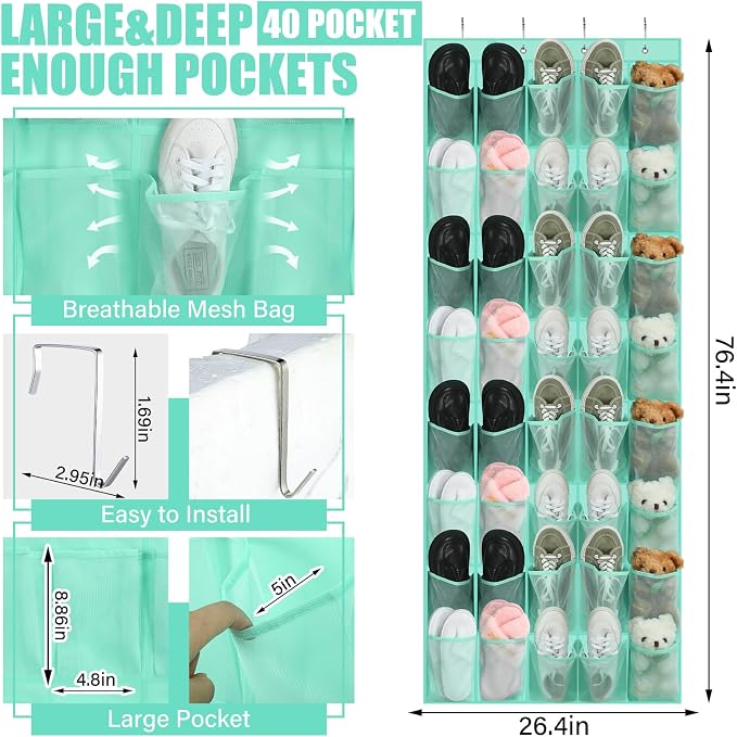 Windyun 1 Pcs 40 Pocket Over the Door Shoe Organizer Hang,Turquoise - Image 2