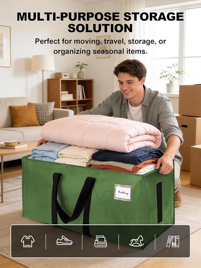 HOMESURE Supports 200lbs Heavy Duty Moving Bags - Strong Zipper & Wrap-Around Handles - Water-Resistant Storage Totes, Durable Alternative to Moving Boxes - 8 Pack - Olive Green - Image 4