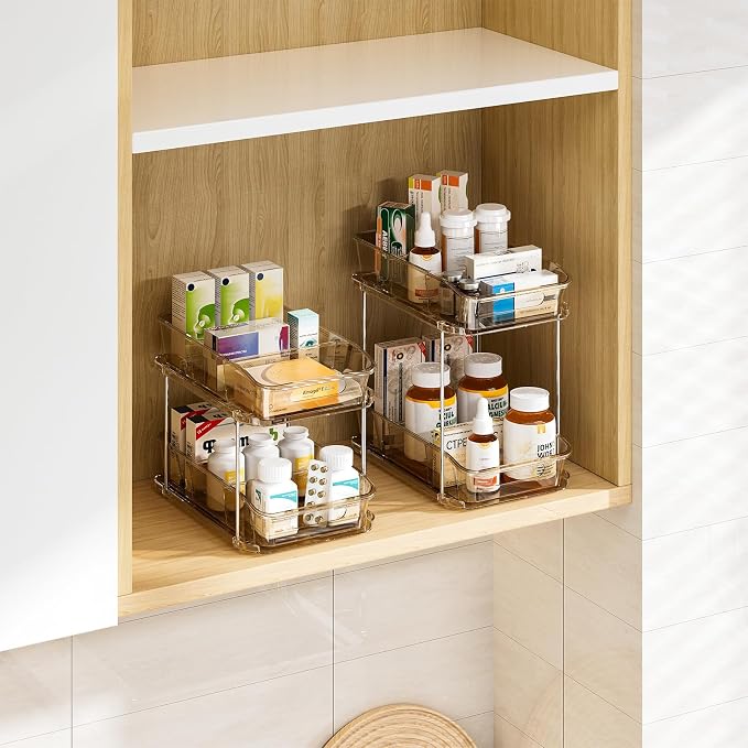 Delamu 2-Tier Under Sink Organizers and Storage, Multi-Purpose Stackable Bathroom Cabinet organizers, Pull Out Kitchen Pantry Organization and Storage with Dividers(3 Pack, Amber) - Image 8