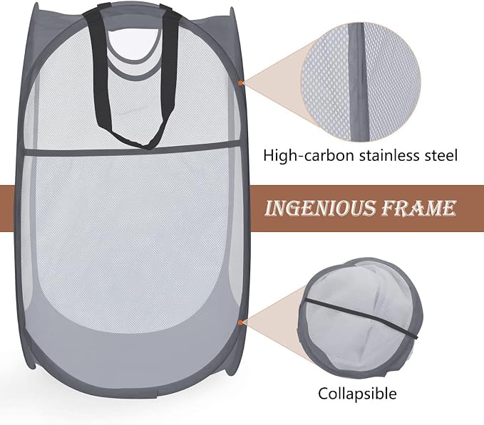 HOUSE AGAIN Strong Mesh Pop Up Laundry Hamper, 70L Collapsible Laundry Basket with Steel Frame, Double‑Stitched Handles & Side Pocket, Foldable Dirty Clothes Hamper for Dorm, Bedroom, Grey - Image 8