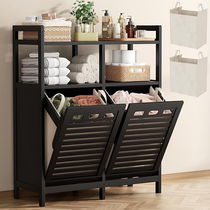 Homykic Tilt Out Laundry Hamper Cabinet, Bamboo Laundry Organizer, Black by Homykic