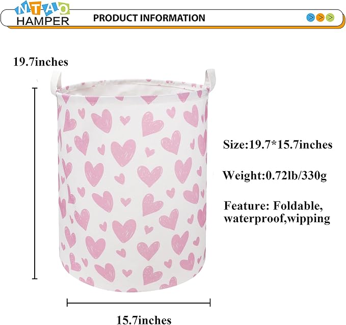 NTAOHAMPER Pink Heart Laundry Hamper, Laundry Basket, Girls Nursery Hamper,Waterproof Storage Bin for Bedroom,Clothes Organizer Basket, Room Decor(Pink Heart) - Image 6