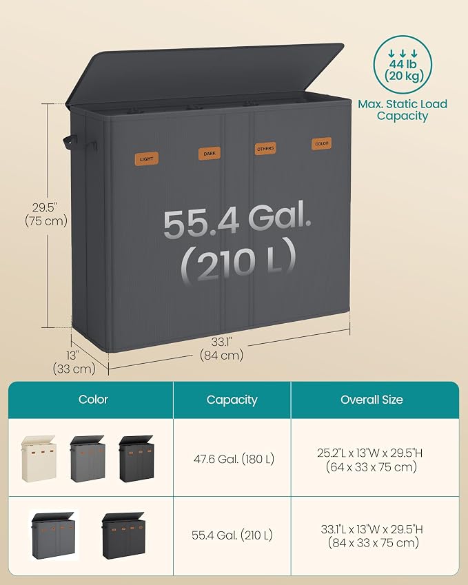 SONGMICS 210L Laundry Hamper, 4-Compartment Laundry Sorter with Lid - Image 6