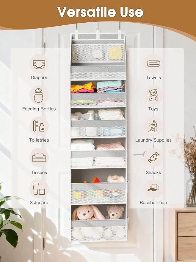 Criusia Over The Door Organizer, Heavy-Duty 6-Shelf Hanging Storage with 13 Mesh Pockets, 55lbs Capacity Behind The Door Storage for Nursery, Bathroom, Bedroom, and Dorm, Grey - Image 8