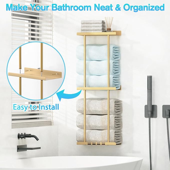 Liuoud Towel Rack for Bathroom, Wall Mounted Vertical Rolled Towel Storage Organizer Holder with Shelf, Holds Up 6 Large Bath Sheets, Gold Large Size - Image 9
