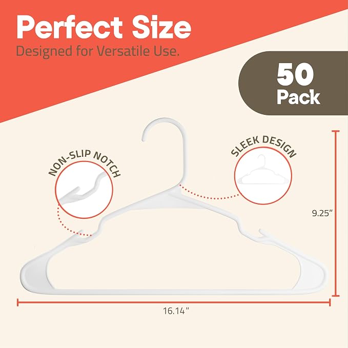 White Plastic Hangers 50 Pack– Heavy-Duty Plastic Hangers Slim and Space-Saving, Durable and Lightweight PP with Non-Slip Shoulder Notches for Slip Dresses, Suits, Jackets & Camisoles - Image 2