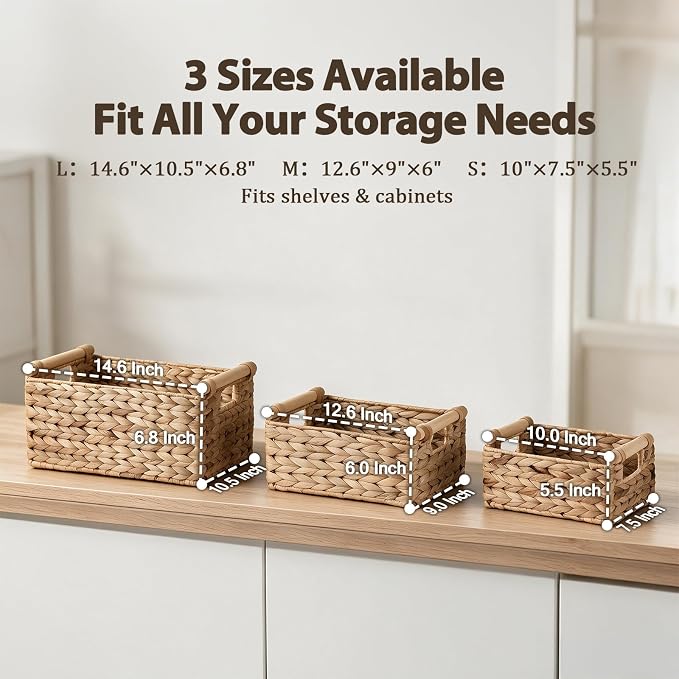 Water Hyacinth Storage Baskets, Set of 3 Stackable Rectangular Wicker Basket with Solid Wooden Rod Handles for Shelves, Kitchen & Bathroom - Image 2