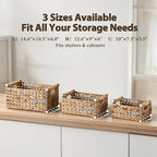 Water Hyacinth Storage Baskets, Set of 3 Stackable Rectangular Wicker Basket with Solid Wooden Rod Handles for Shelves, Kitchen & Bathroom - Image 2
