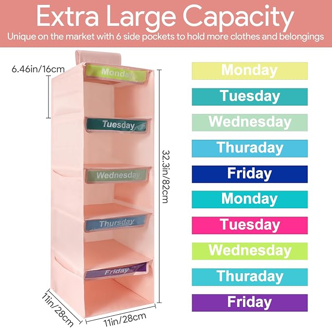 Weekly Clothes Organizer for Kids, Days of The Week Clothes Organizer with 6 Side Pockets, 5-Shelf Hanging Closet Organizer with Monday Through Friday Labels, Weekly Clothing Prepare & Divider - Image 3