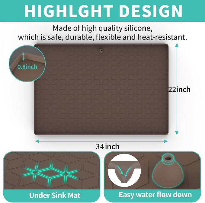 Under Sink Mat for Kitchen, Silicone Waterproof Liner with Drain Hole, Flexible Cabinet Organizer Tray, Holds Up to 3.3 Gallons, Easy to Clean (Brown, 34x22) - Image 2