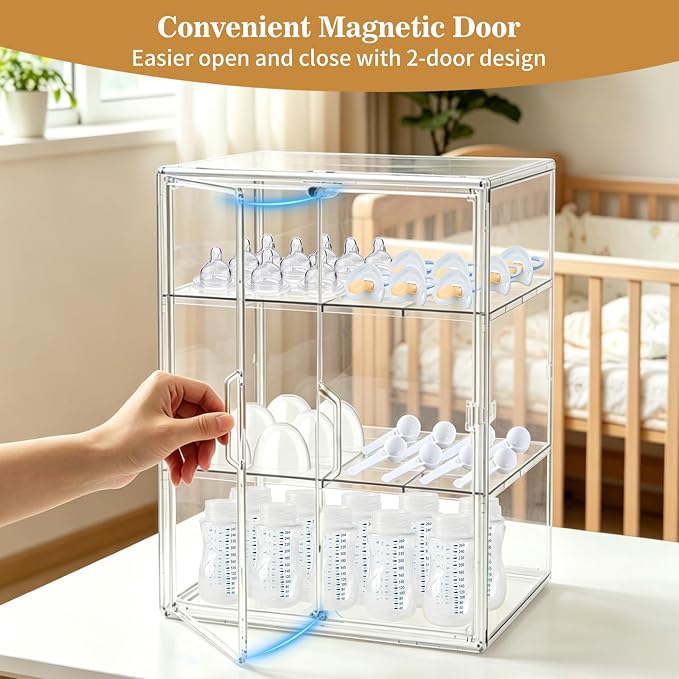 X-LARGE Baby Bottle Organizer, Upgraded Bottle Storage Organizer Baby for Countertop Cabinet, Removable Baby Organizer with Magnetic Door, Bottle Station Organizer for Nipples, Pump Parts, 2 Doors - Image 3