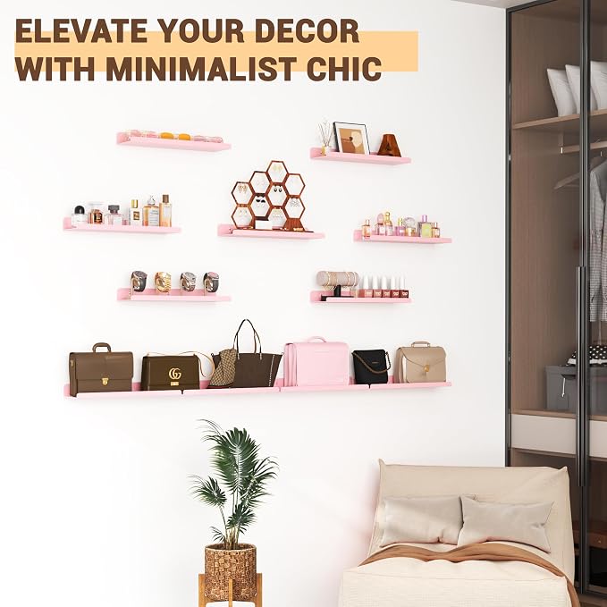 Qukaka Floating Shelves for Wall Decor, 15" Wall Shelves for Bedroom, Living Room, Kitchen, Bathroom Decor, Nail Polish/Book/Decoration/Makeup/Perfume Organizer Floating Shelf-3Pack Pink - Image 3
