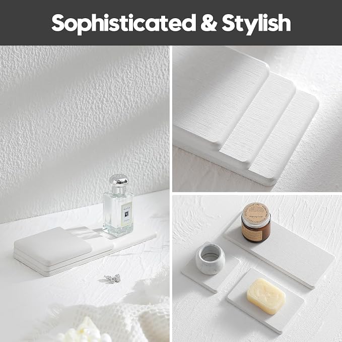 2PCS Beige Bathroom Sink Vanity Trays, Water Absorbing Diatomite Stone Drying Soap Dish Dispenser for Kitchen Counter, Sponge Holder Mat Rack Faucet Splash Guard Caddy Organizer, 9"x3.5" - Image 7