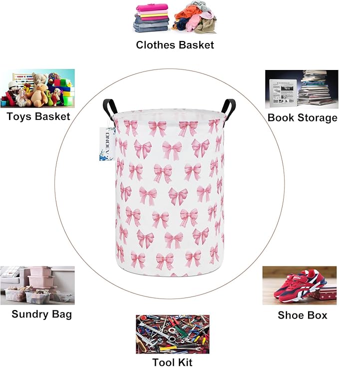 Round Large Pink Bow Print Waterproof Laundry Hamper - Image 3
