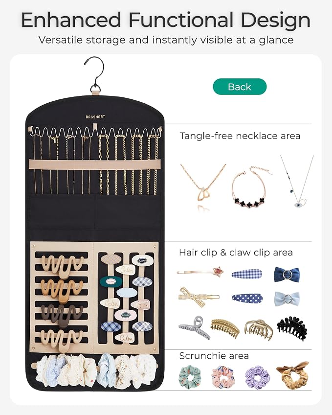 BAGSMART Hanging Jewelry Organizer Claw Clip Necklace Holder Roll for Hair Ties, Headbands, Clips, Earrings, Necklaces, Glasses Double-Sided on Closet, Wall, Door, 1 piece, Large-Black (Pack of 2) - Image 3