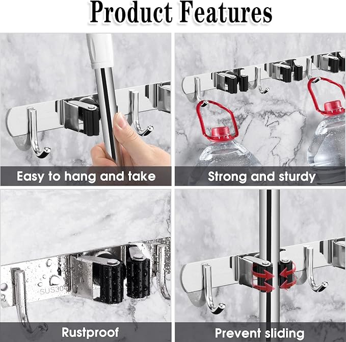 AceMining Broom Holder Wall Mount, 3 Racks 4 Hooks Heavy Duty Mop Organizer - Image 2