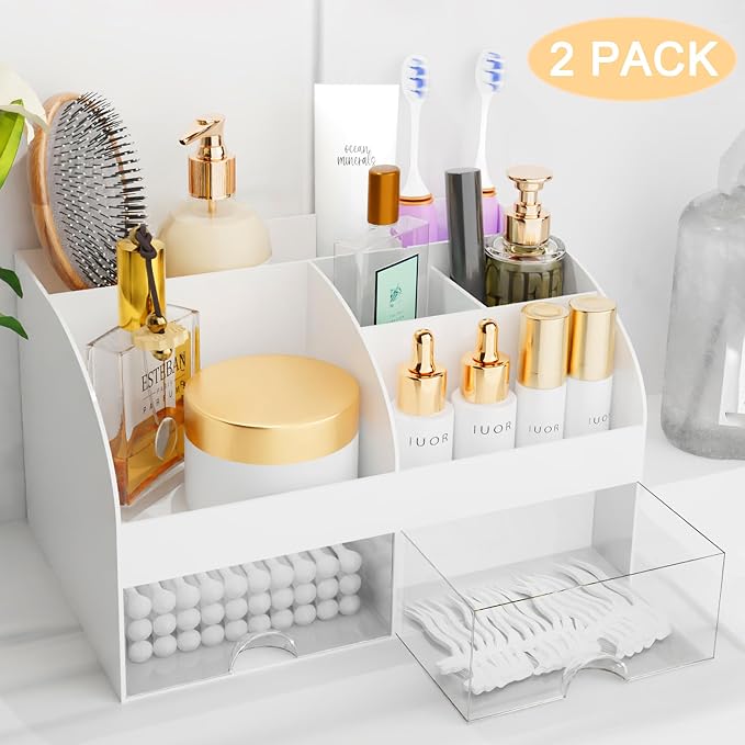 Makeup Organizer with Drawers, Cosmetic Storage for Dresser Vanity and Bathroom Countertop, Beauty Holder for Lipstick Brush, Skincare Organizer for Vanity, Cosmetic Display Case (White-2P) - Image 2