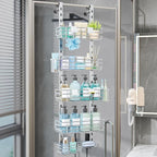 Consumest Over The Door Shower Caddy - 5 Tier Adjustable Shower Organizer Hanging with 2 Toothbrush Holders & 4 Hooks, Rustproof Organizer Shelf, Storage Rack for Bathroom, Silver by Consumest