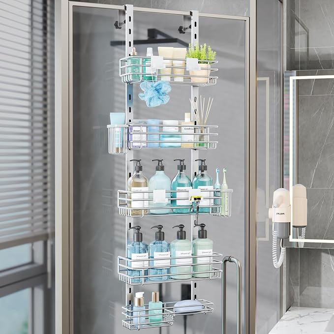 Consumest Over The Door Shower Caddy - 5 Tier Adjustable Shower Organizer Hanging with 2 Toothbrush Holders & 4 Hooks, Rustproof Organizer Shelf, Storage Rack for Bathroom, Silver by Consumest