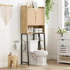 Rattan Over The Toilet Storage Cabinet with Adjustable Shelf and Large Space, Bathroom Organizers and Storage Over Toilet with Rattan Door, Metal Stand, Tall Storage Shelves Above Toilet, Natural by FiveWillowise